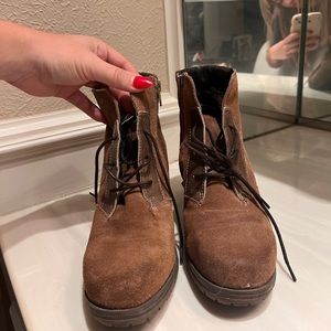 Brown suede high heeled boots